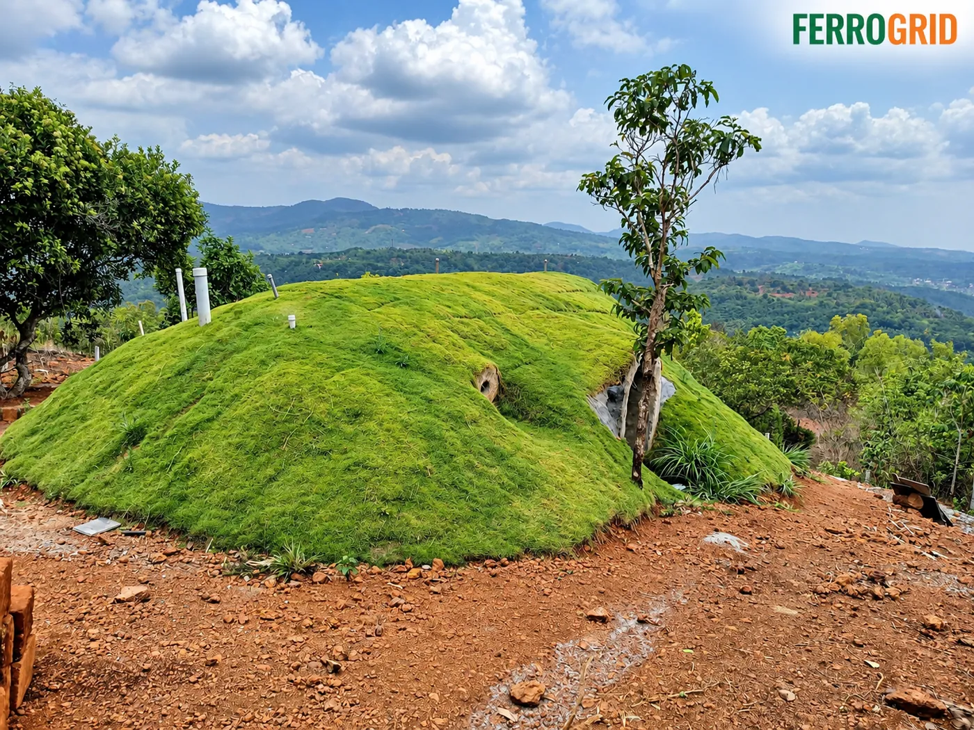 Green-roof cabin on a hilltop