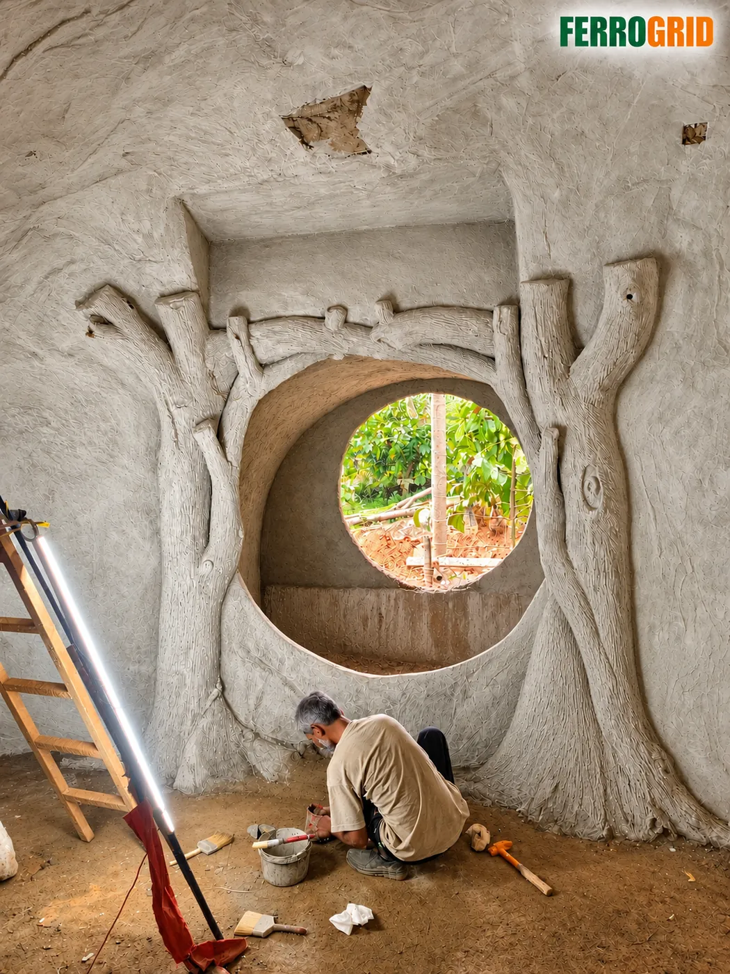 FERROGRID craftsman hand-finishing a sculpted ferrocement wall with a circular window